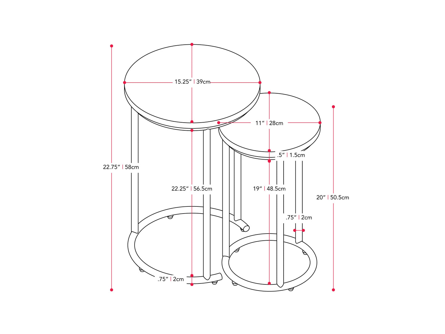 Round nesting side tables in light wood with black metal legs and minimalist design.