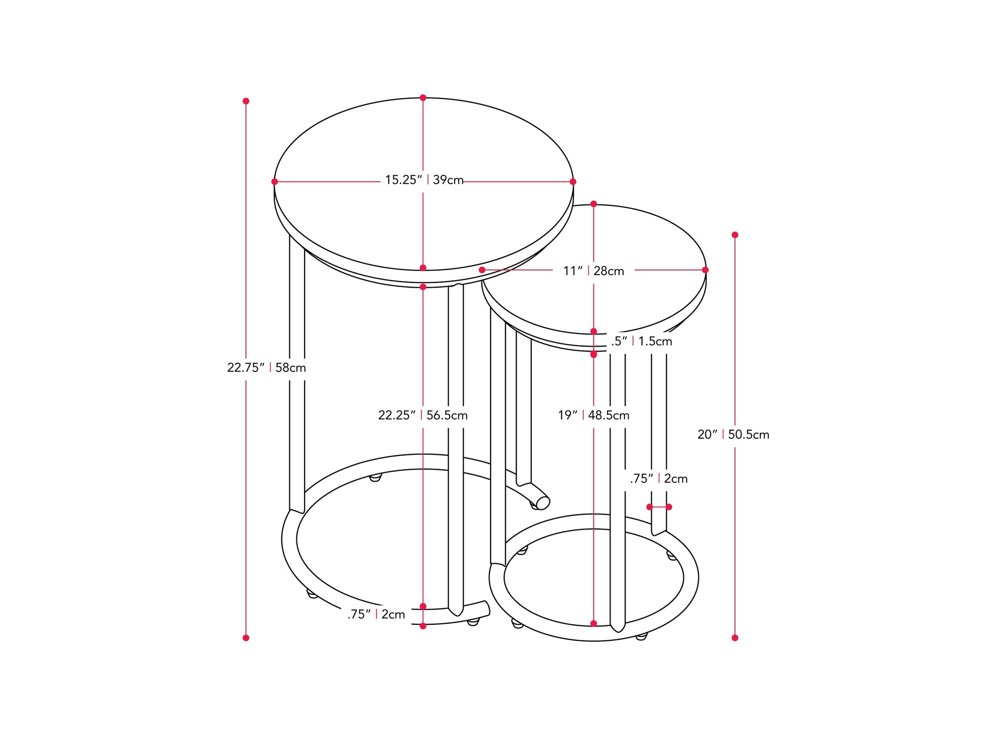 Round nesting side tables in light wood with black metal legs and minimalist design.