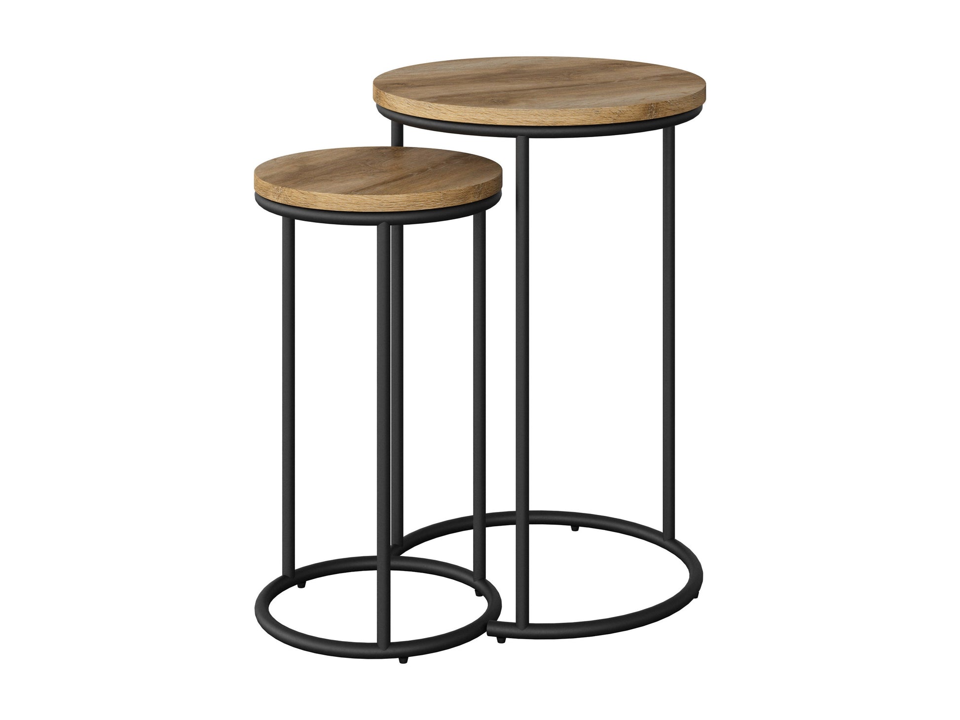 Light wood round nesting side tables with sleek black metal legs and minimalist design.