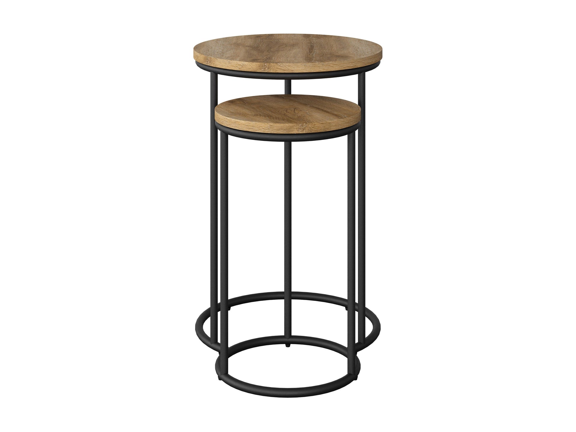 Round nesting side tables, light wood tops, black metal legs, minimalist design, versatile furniture set.