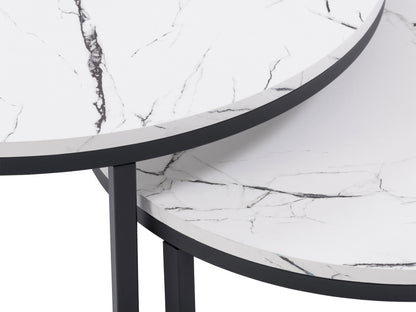 White marble round nesting coffee tables with gold metal frames, modern minimalist design, and smooth polished surfaces.