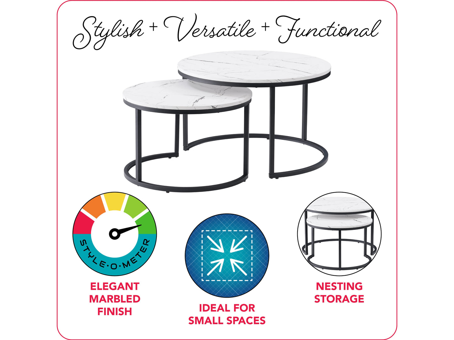 White marble round nesting coffee tables with gold metal frames, modern design, and versatile functionality.