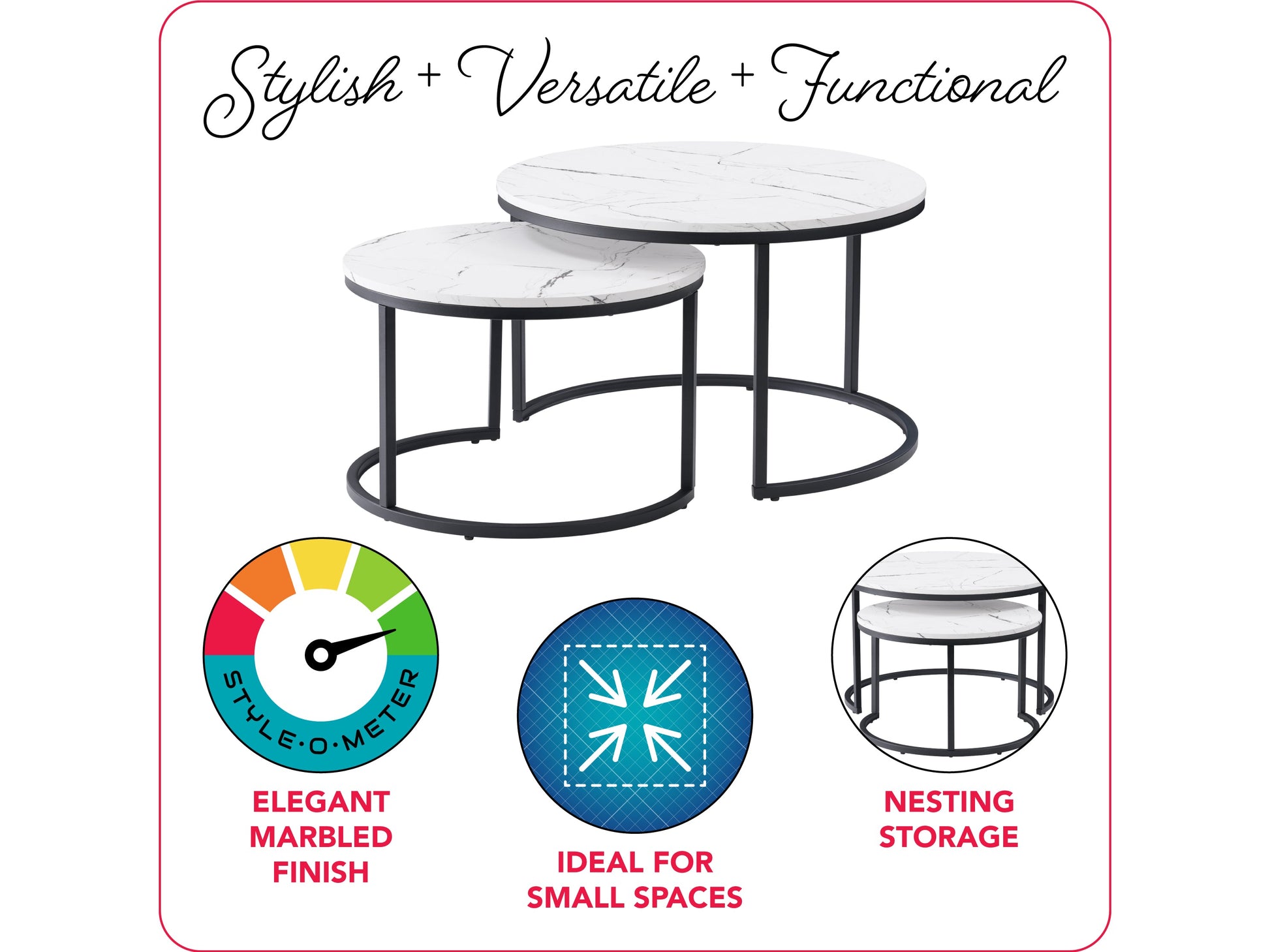 White marble round nesting coffee tables with gold metal frames, modern design, and versatile functionality.
