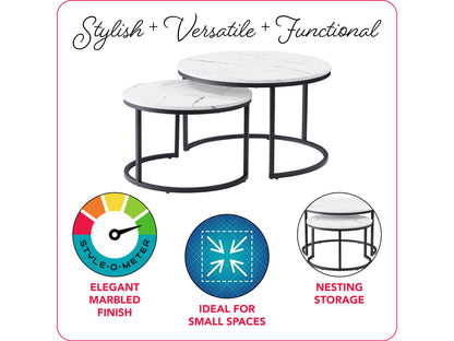 White marble round nesting coffee tables with gold metal frames, modern design, and versatile functionality.