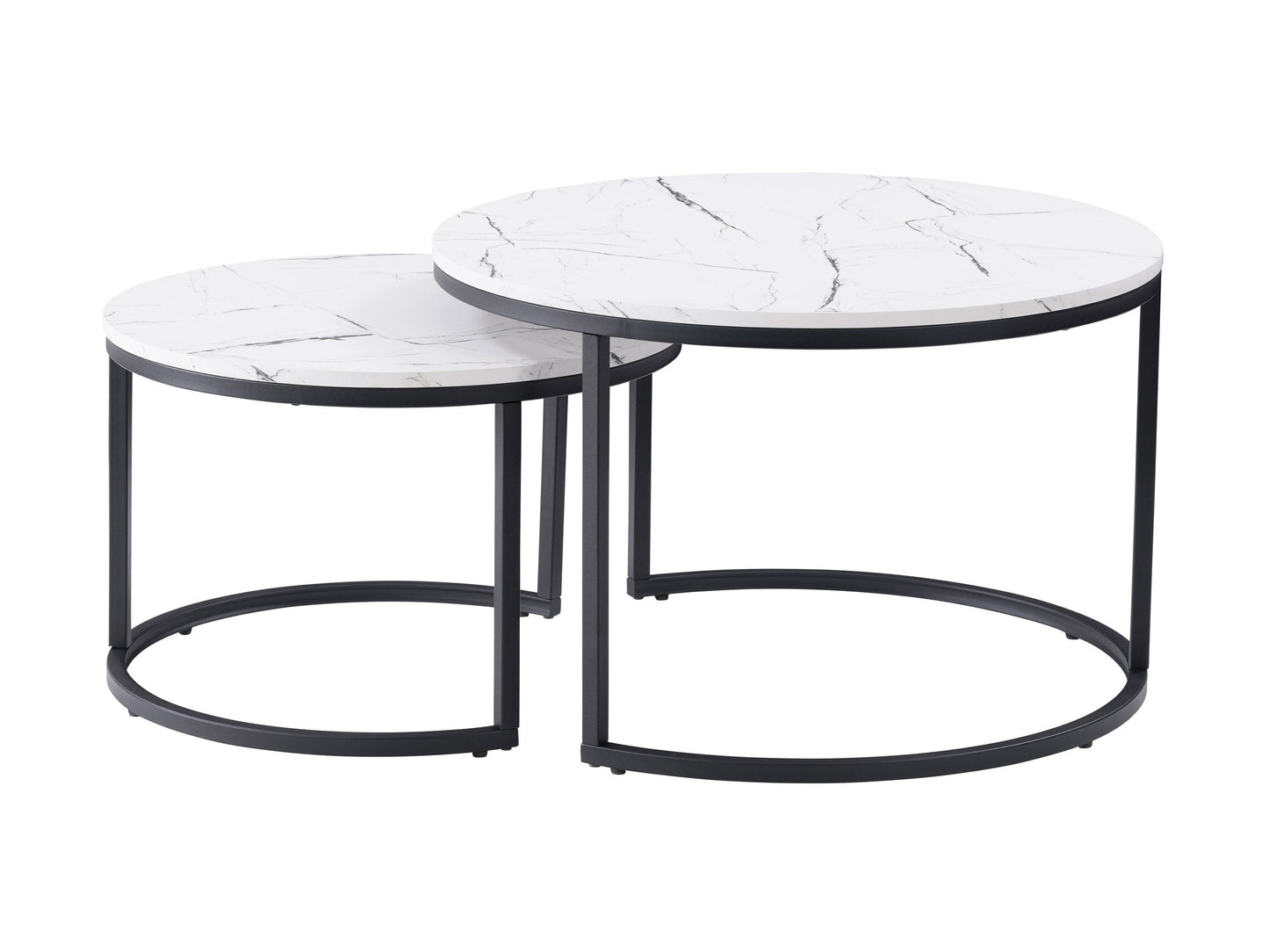 Round white marble nesting coffee tables with gold metal frames, modern design, and space-saving functionality.