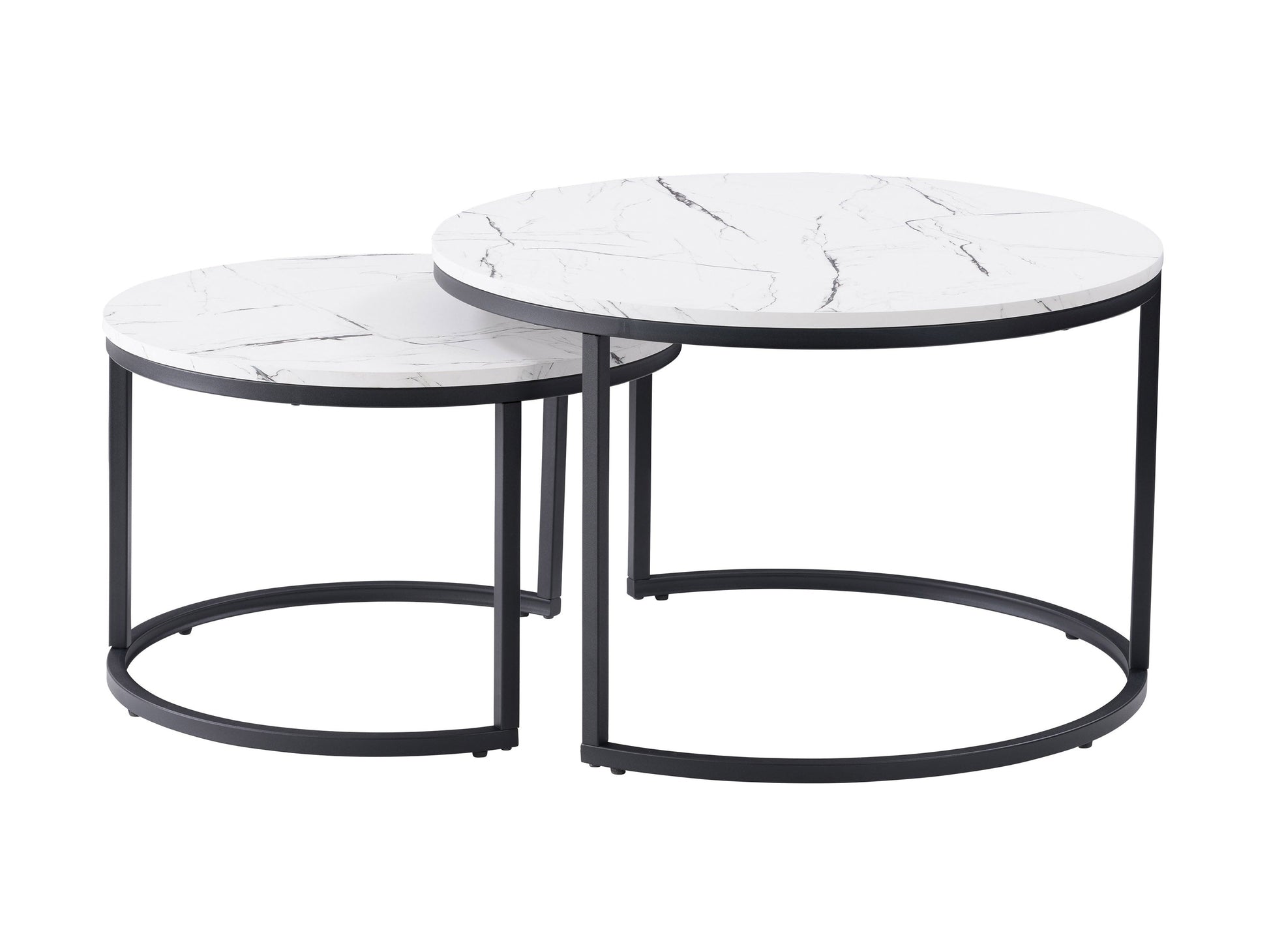 Round white marble nesting coffee tables with gold metal frames, modern design, and space-saving functionality.