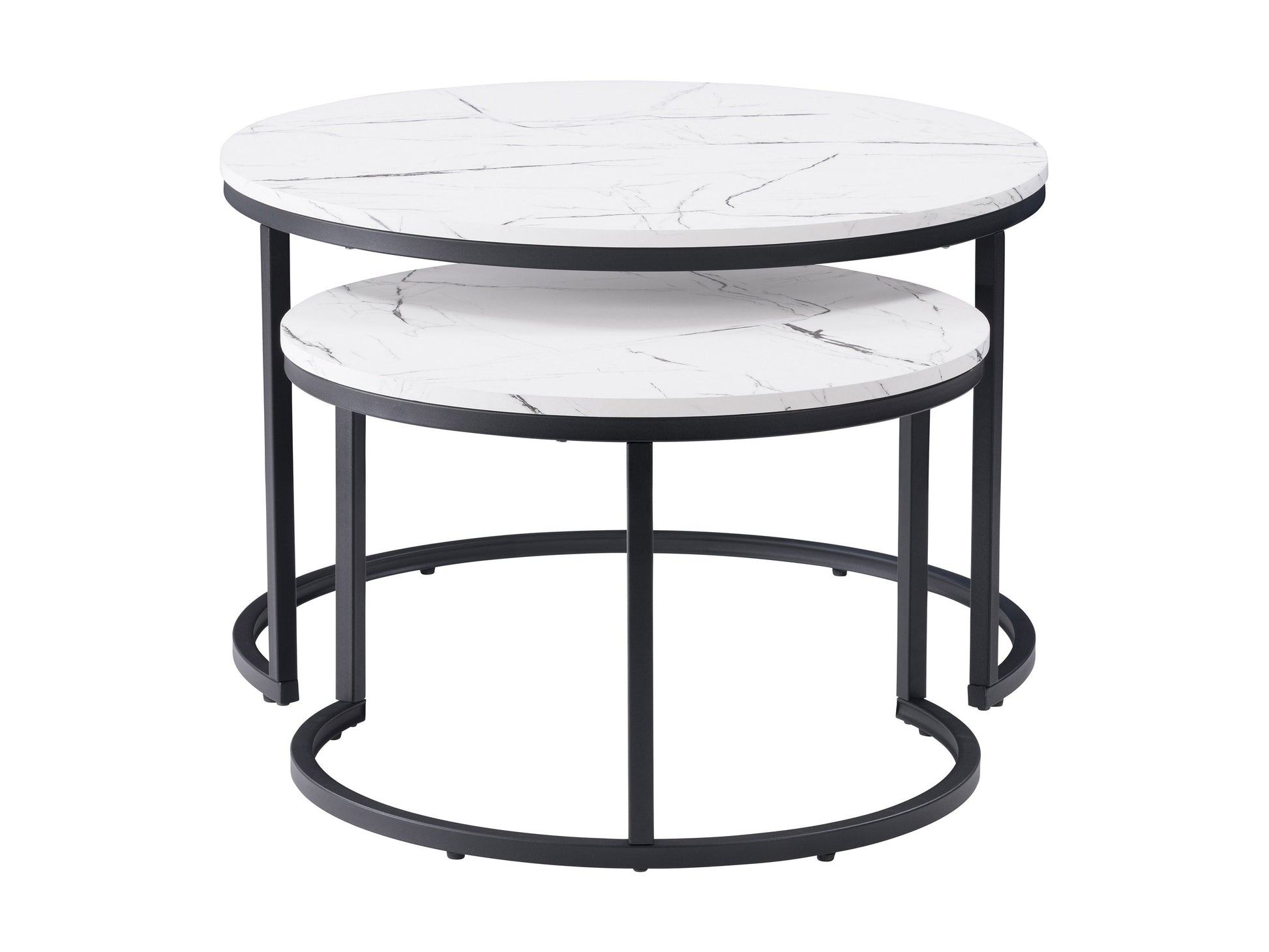 White marble round nesting coffee tables with gold metal frames, modern design, and versatile functionality.