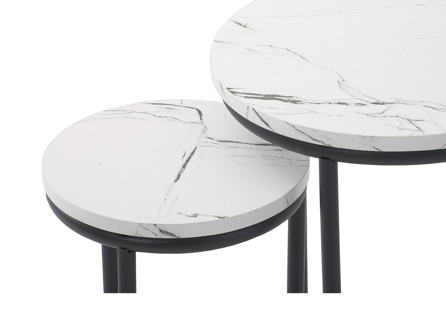 White marble round nesting side tables with gold metal frames and sleek, modern design.