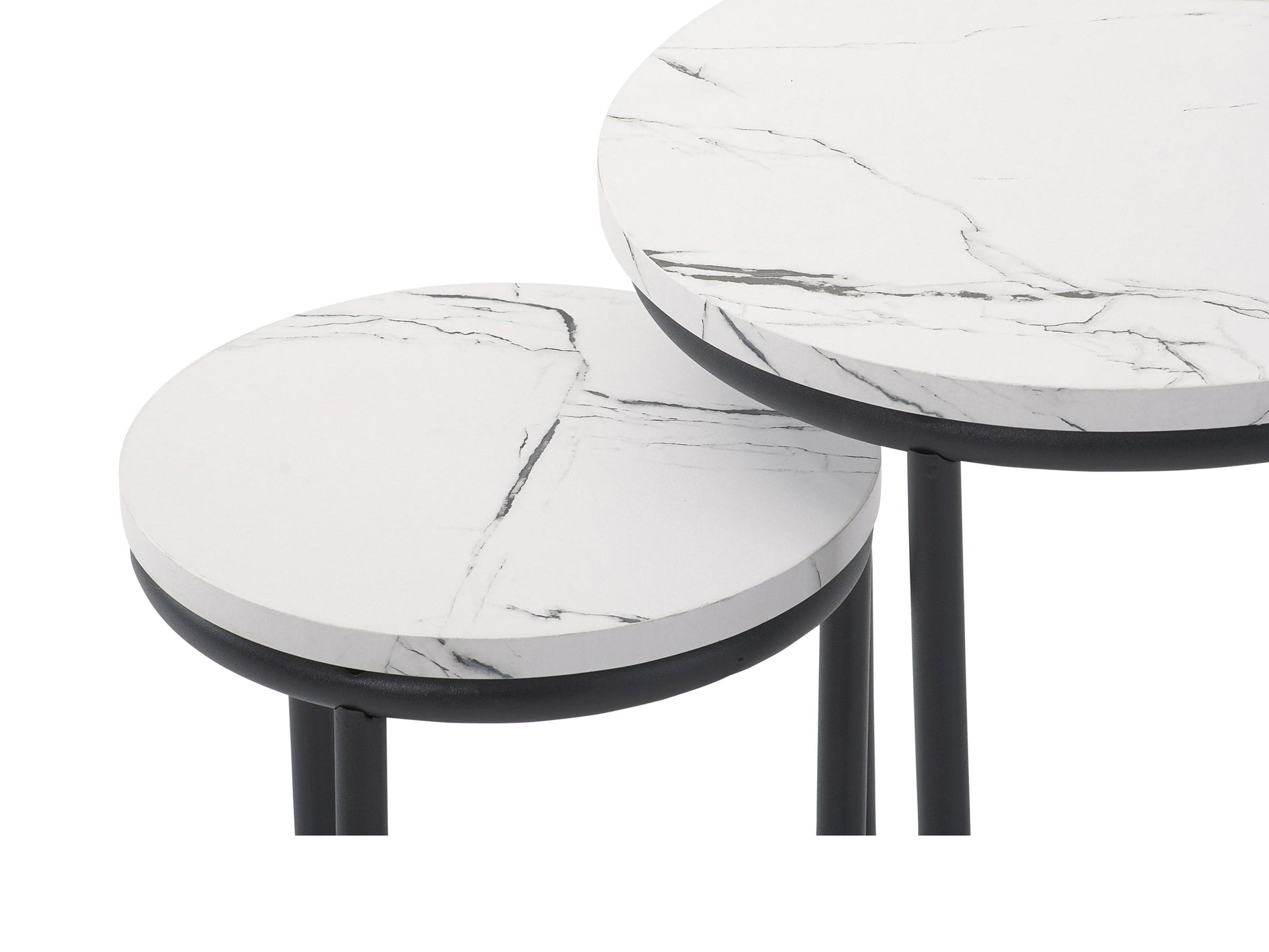 White marble round nesting side tables with gold metal frames and sleek, modern design.