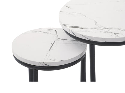 White marble round nesting side tables with gold metal frames and sleek, modern design.