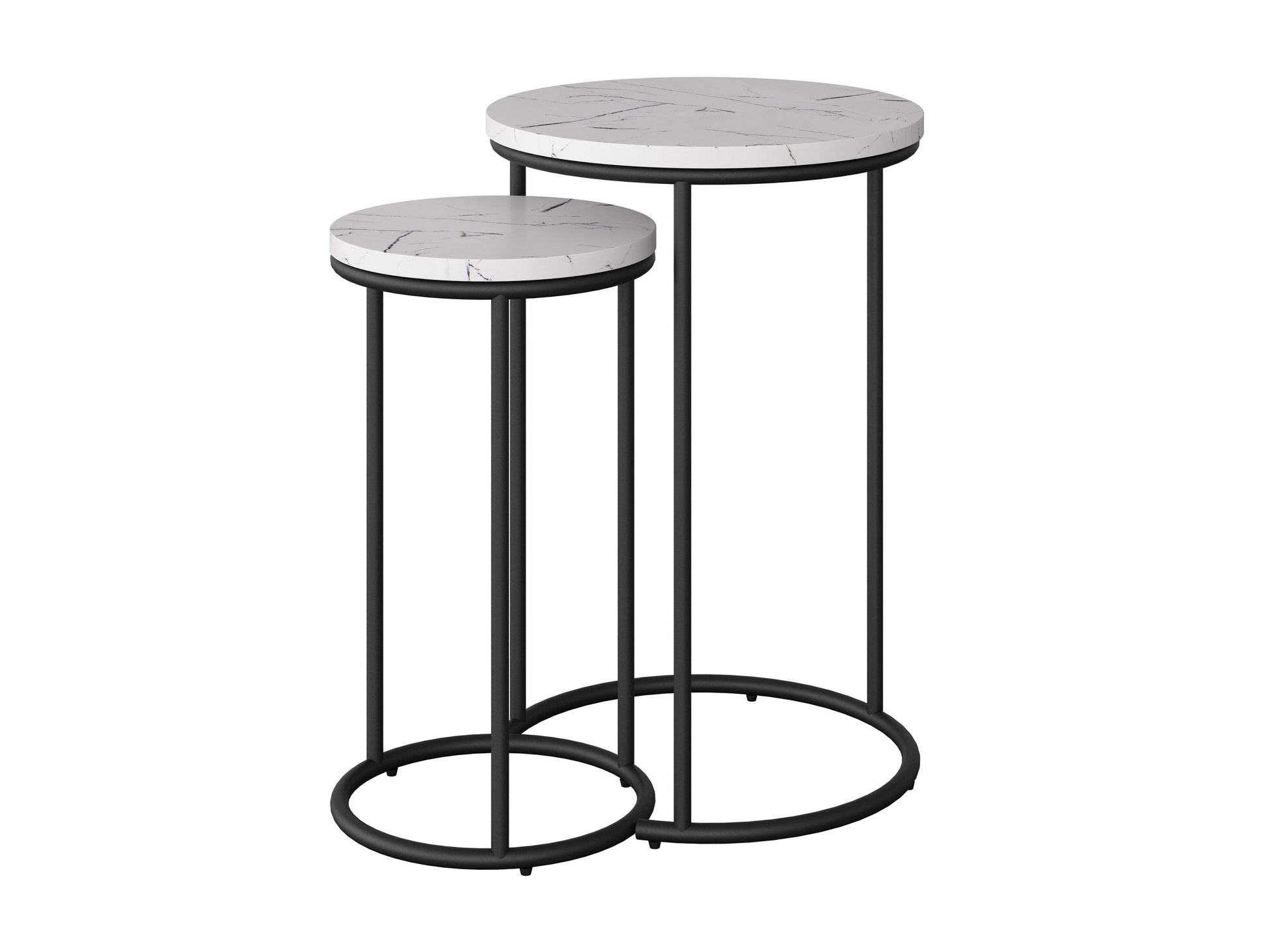 White marble round nesting side tables with gold metal frames, elegant design, and space-saving functionality.