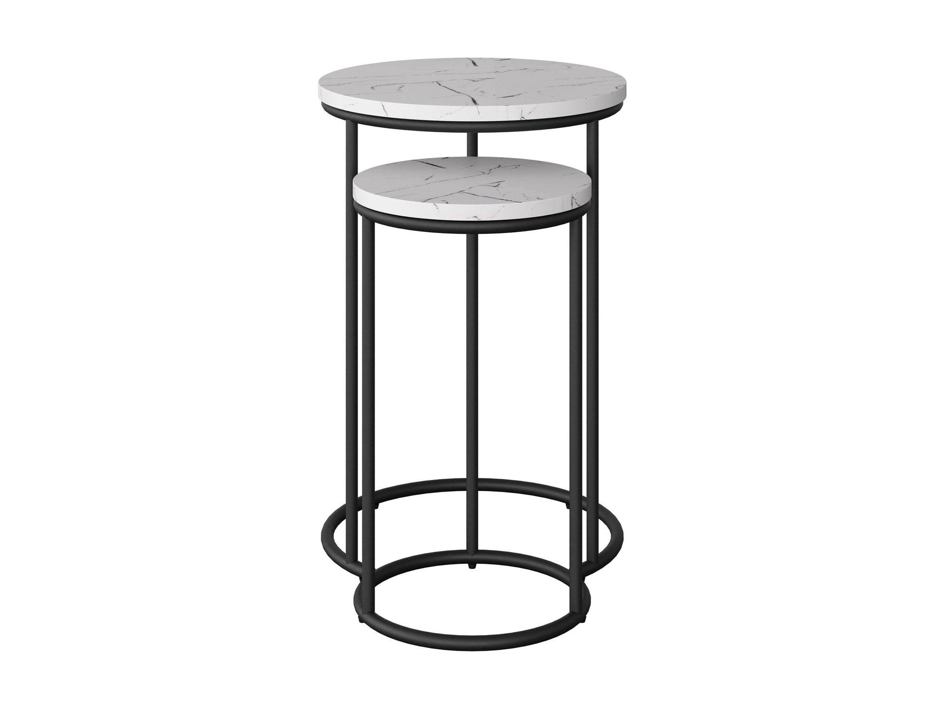 White marble round nesting side tables with gold metal frames, contemporary design, and space-saving functionality.