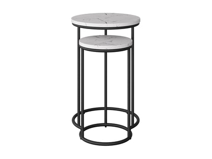 White marble round nesting side tables with gold metal frames, contemporary design, and space-saving functionality.