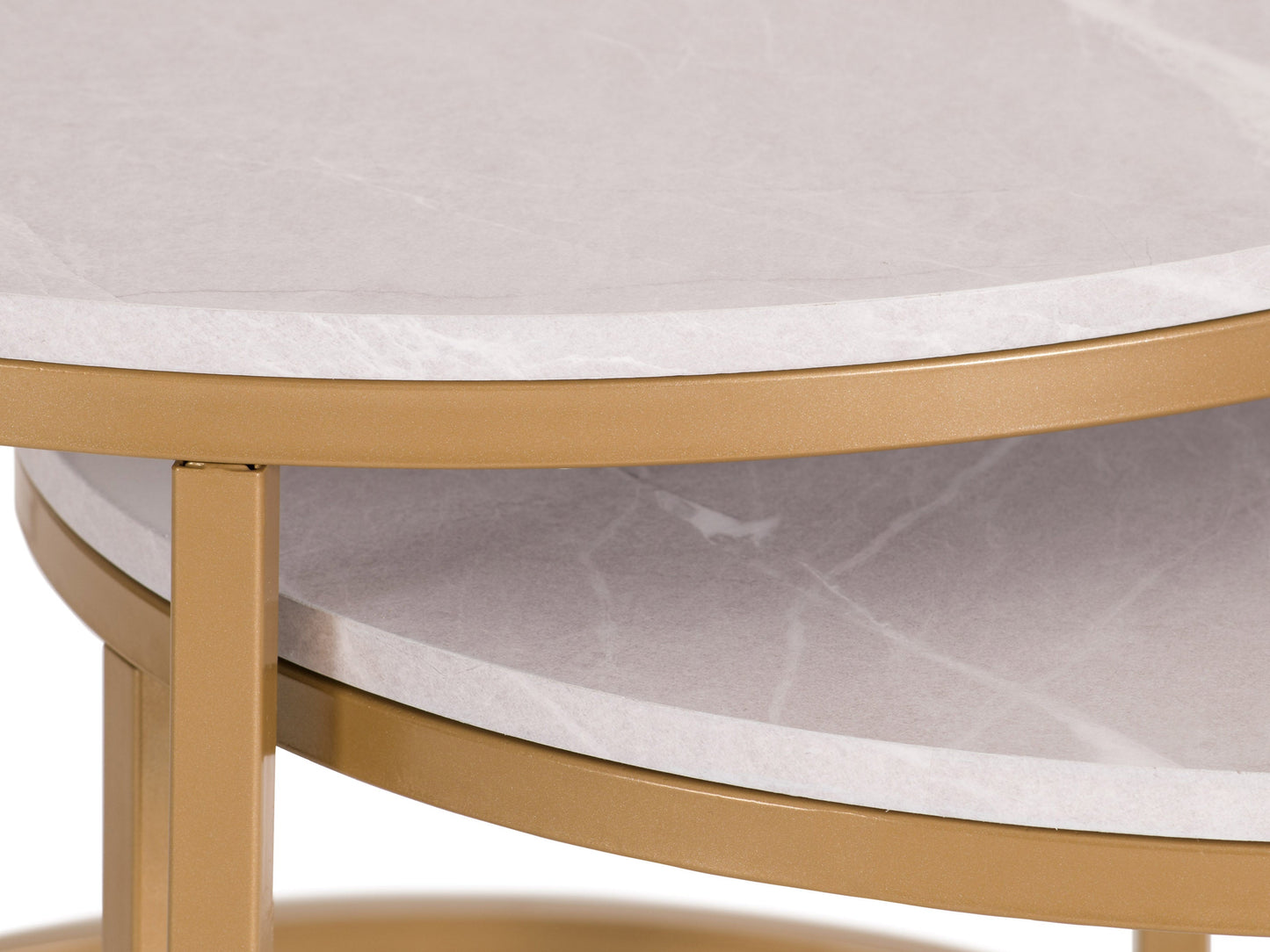 Round nesting coffee tables with white marble tops and gold metal frames, modern and elegant design.