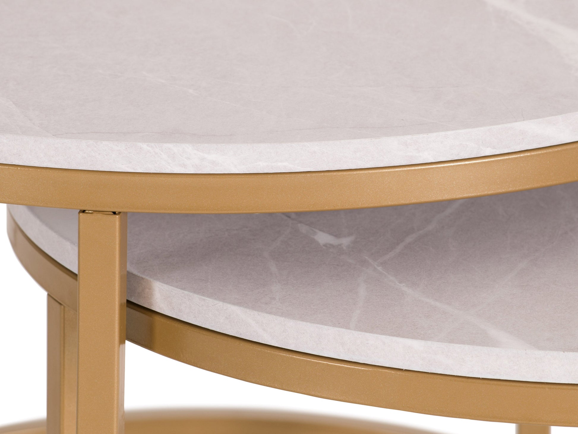 Round nesting coffee tables with white marble tops and gold metal frames, modern and elegant design.