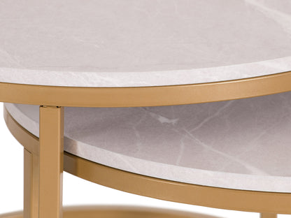 Round nesting coffee tables with white marble tops and gold metal frames, modern and elegant design.