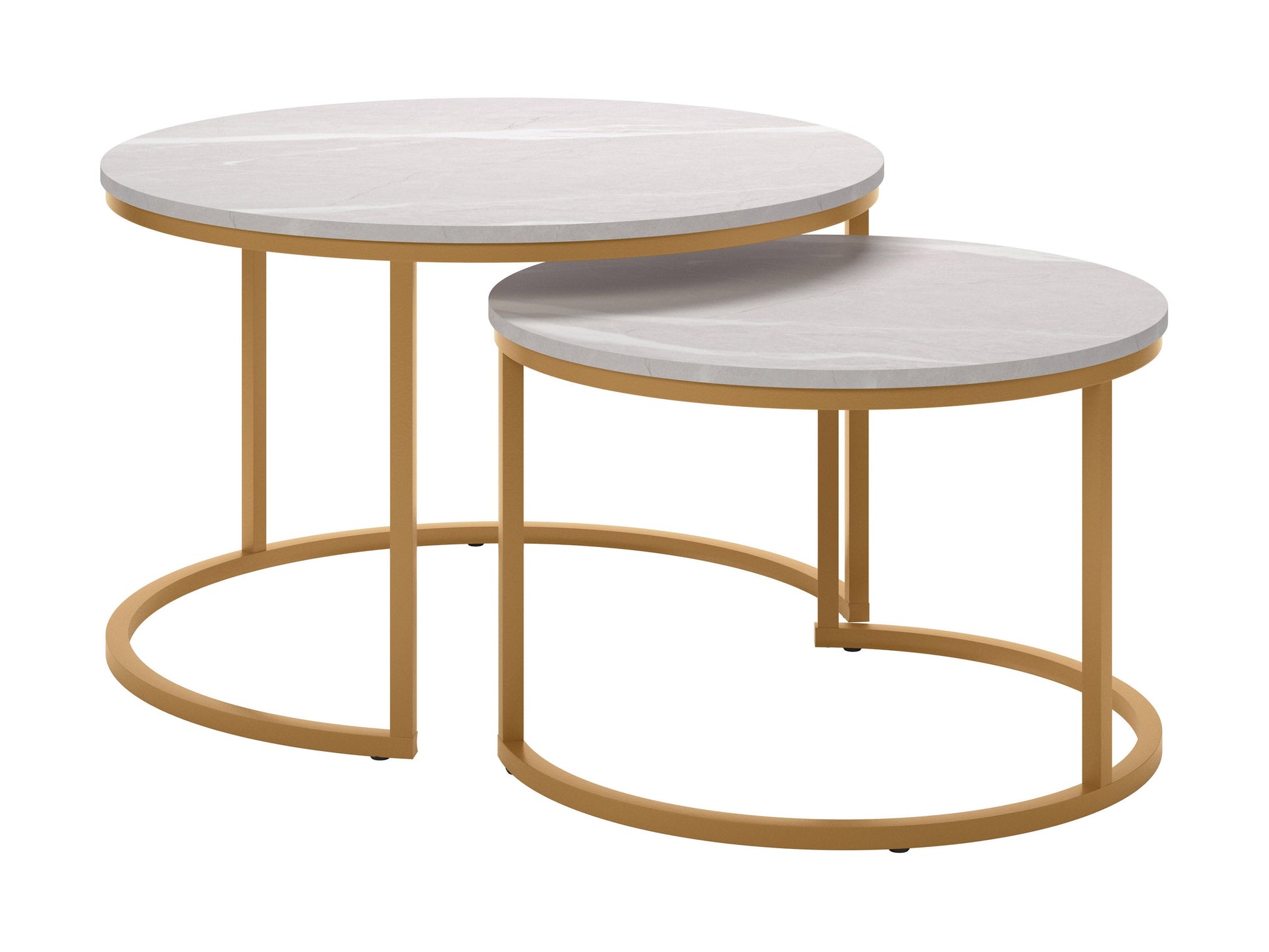 Round nesting coffee tables with white marble tops and gold metal frames, modern and elegant design.
