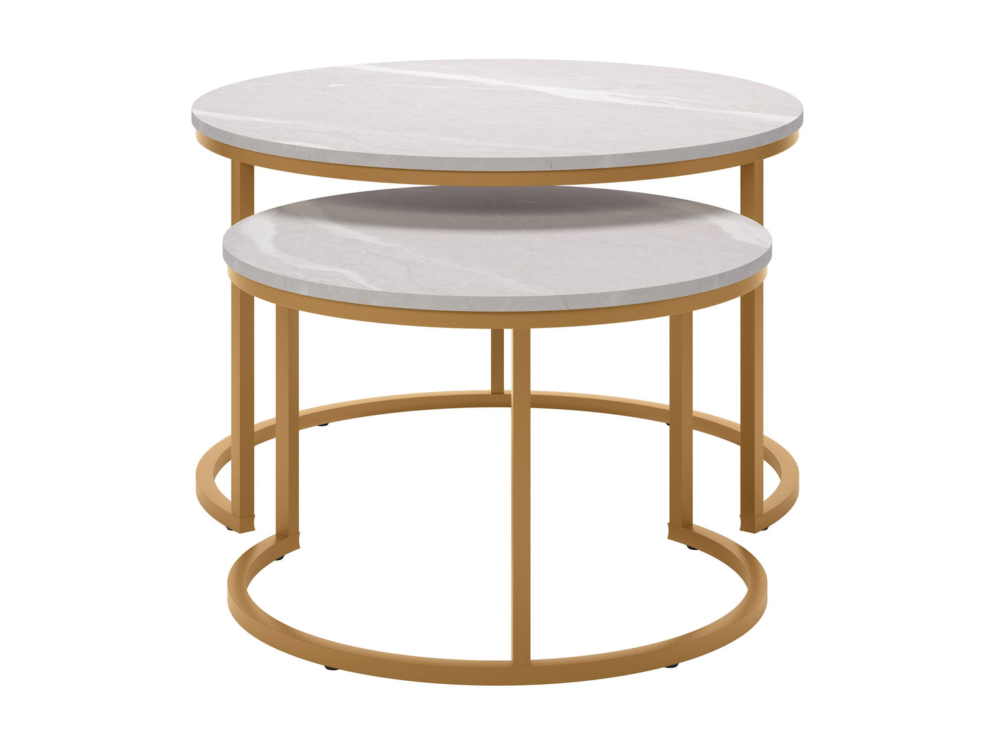 Round nesting coffee tables with white marble tops and gold metal frames, modern and elegant design.