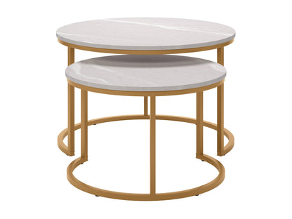 Round nesting coffee tables with white marble tops and gold metal frames, modern and elegant design.