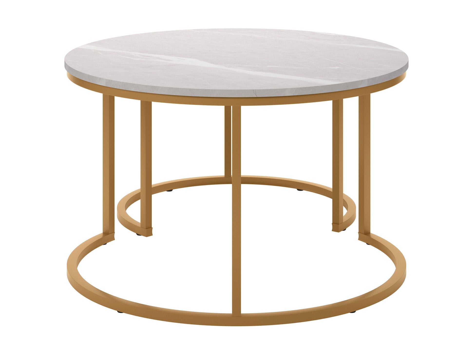Round nesting coffee tables with white marble tops and gold metal frames, elegant and versatile design.