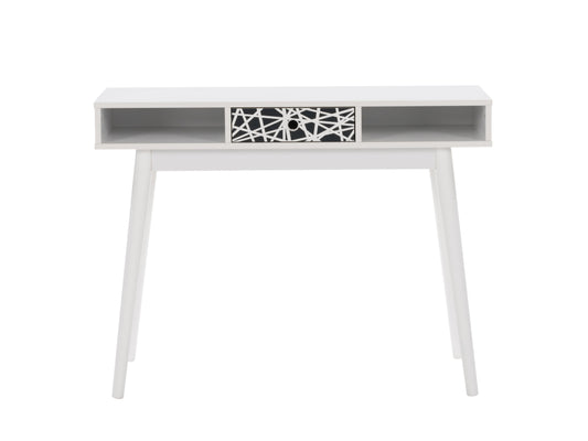 Mid-century modern white and black desk with sleek lines, spacious surface, and minimalist design.