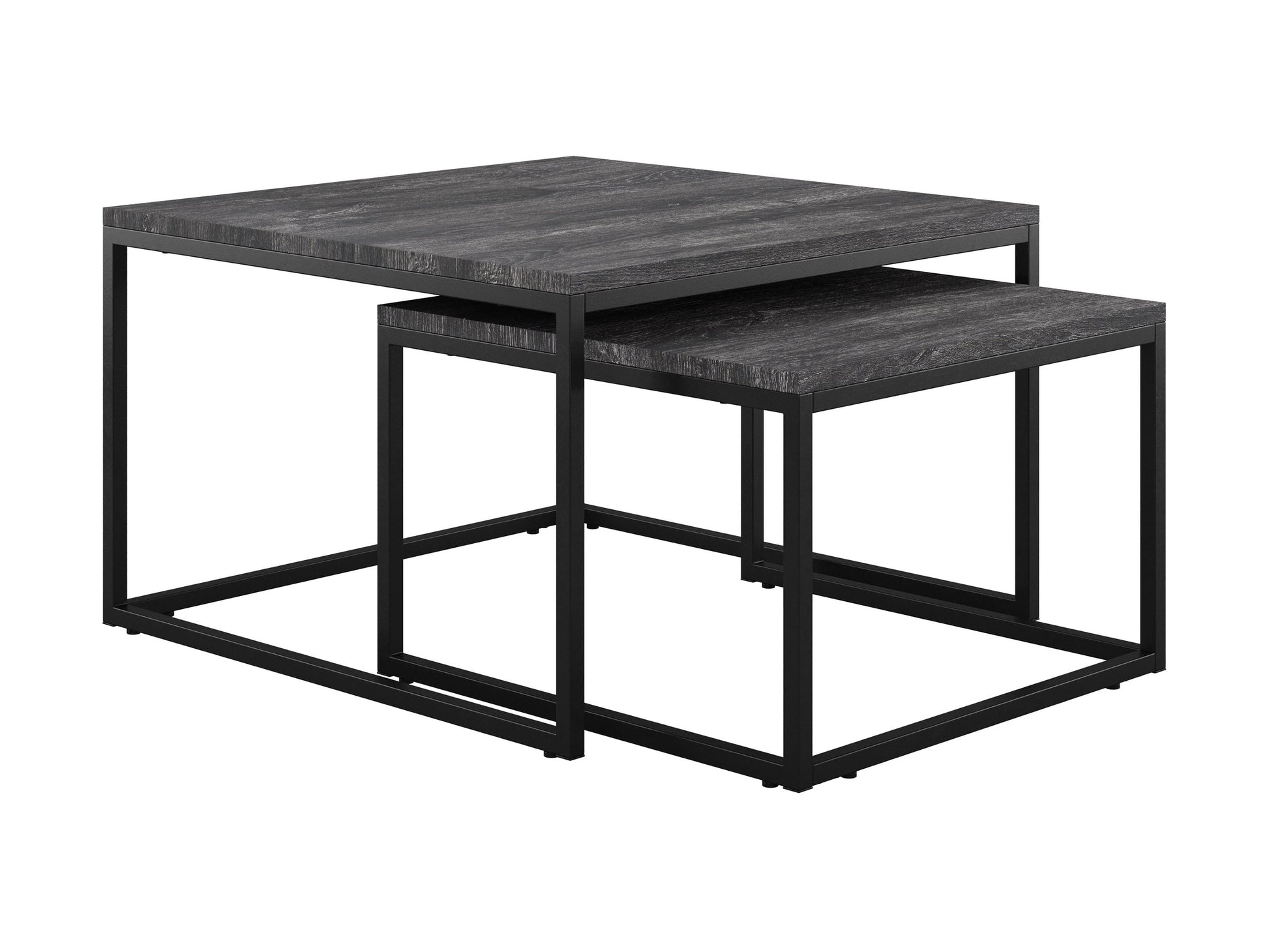 Square nesting coffee tables in grey wood with a sleek design and versatile functionality.
