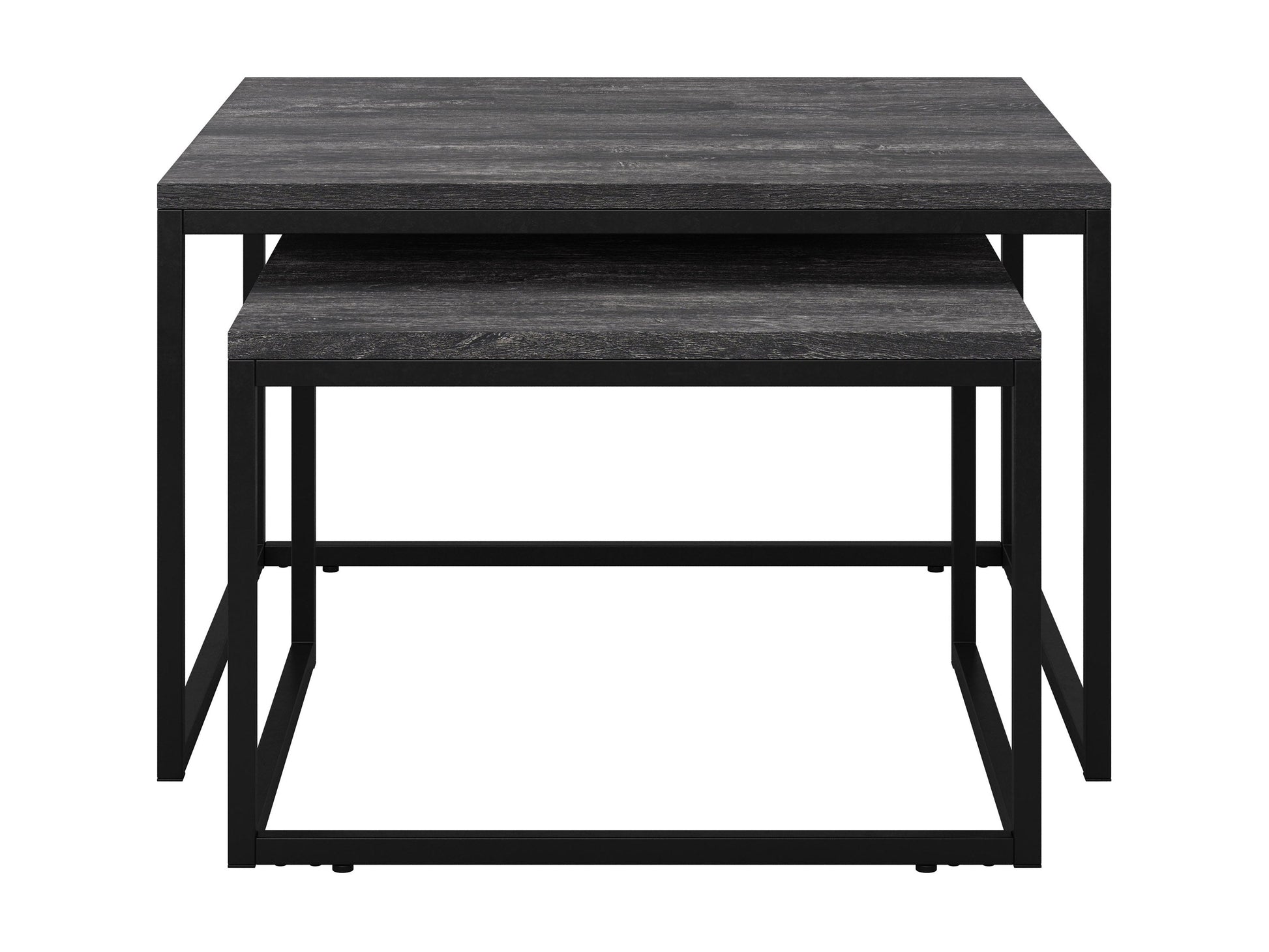 Grey wood square nesting coffee tables with black metal legs and a sleek, modern design.