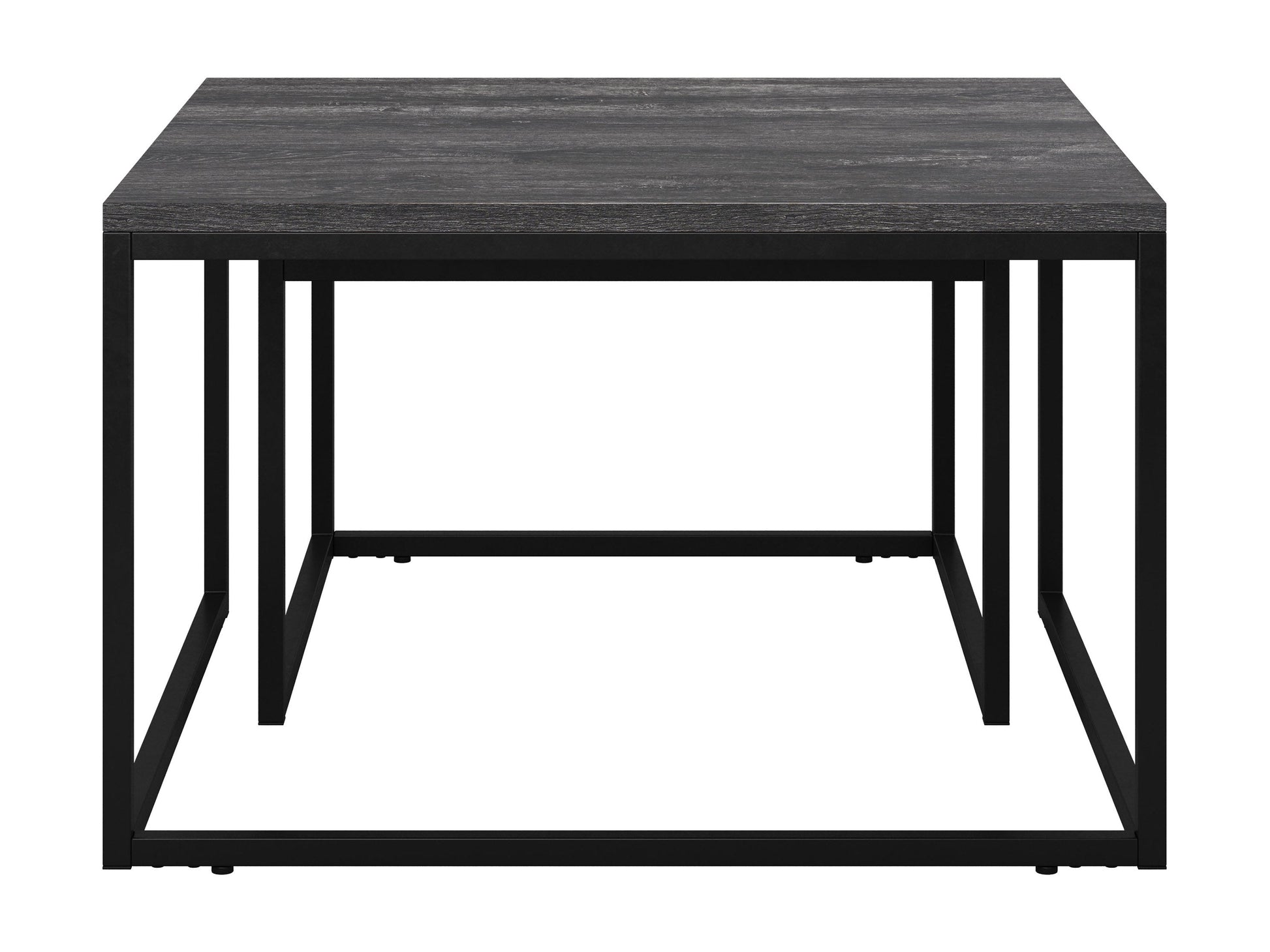 Grey wood square nesting coffee tables with black metal frame, modern minimalist design, and space-saving functionality.