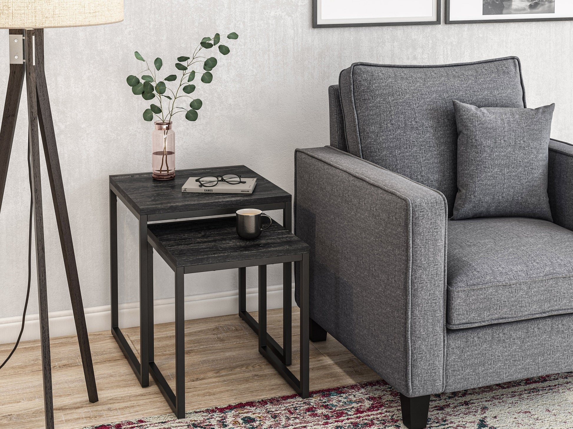Grey wood square nesting side tables with metal legs, modern design, versatile and space-saving furniture set.