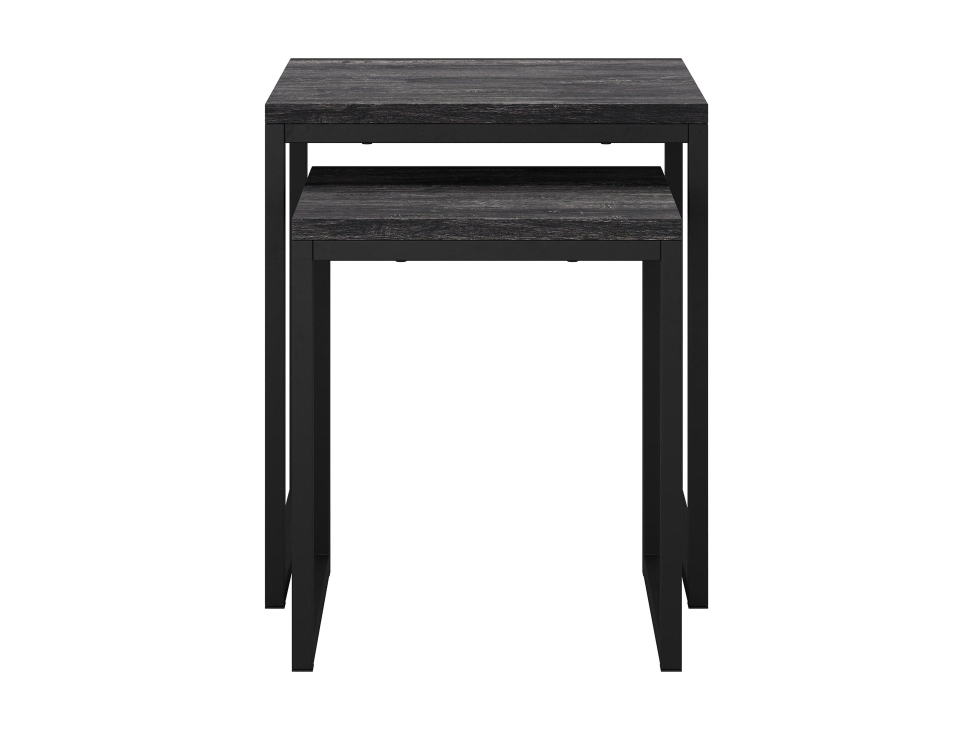 Grey wood square nesting side tables with sleek black metal legs, minimalist design, and versatile functionality.
