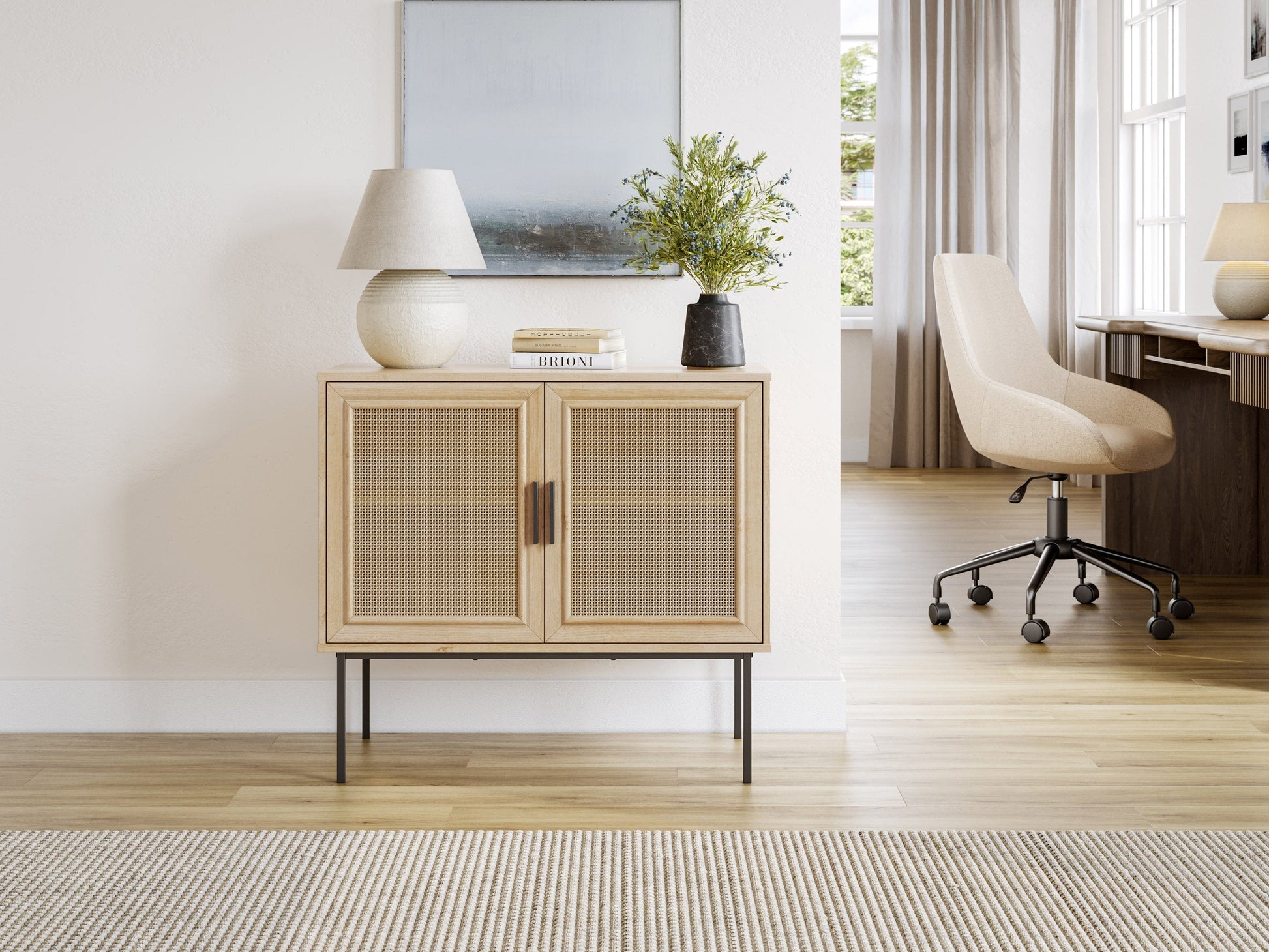 Light wood accent cabinet with textured doors, sleek black metal legs, and a modern minimalist design.
