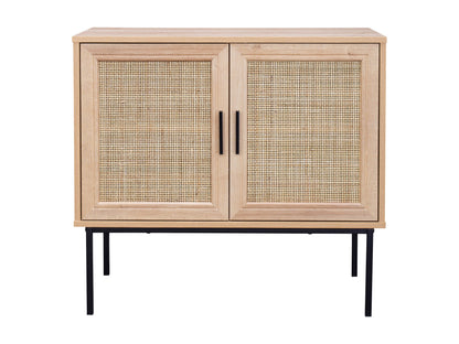 Light wood accent dining cabinet with sleek black metal legs and minimalist design.