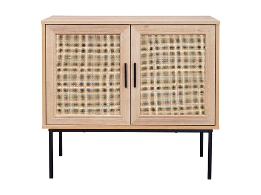 Light wood accent dining cabinet with sleek black metal legs and minimalist design.