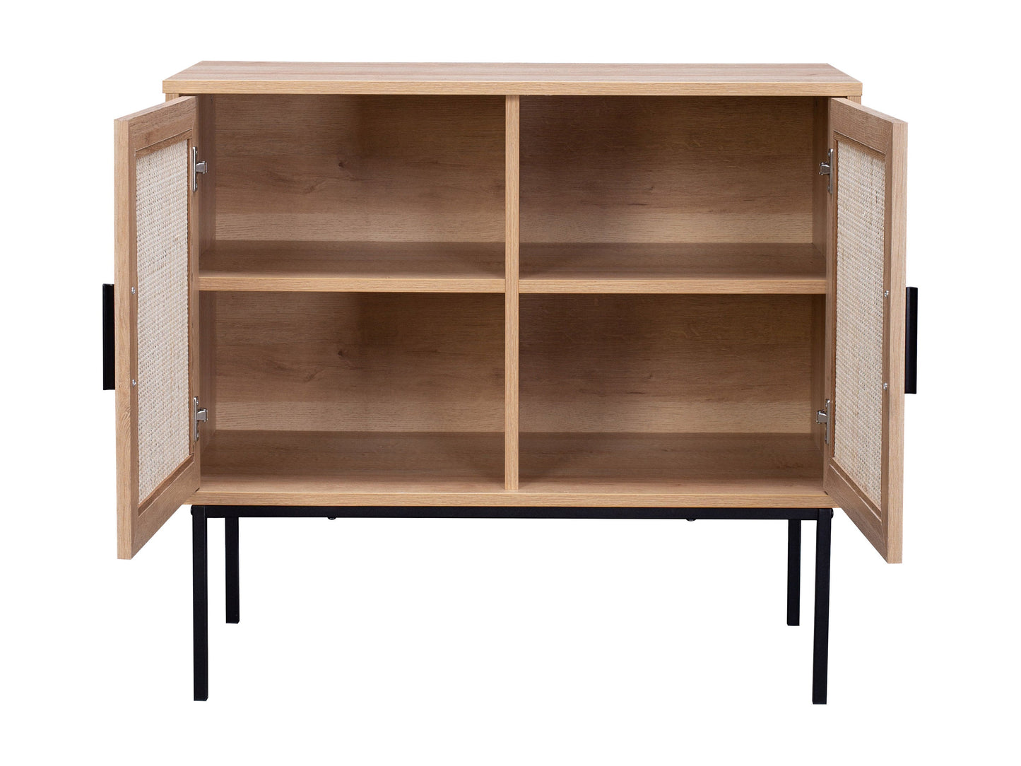 Light wood accent dining cabinet with sleek design, featuring spacious storage and elegant metal handles.