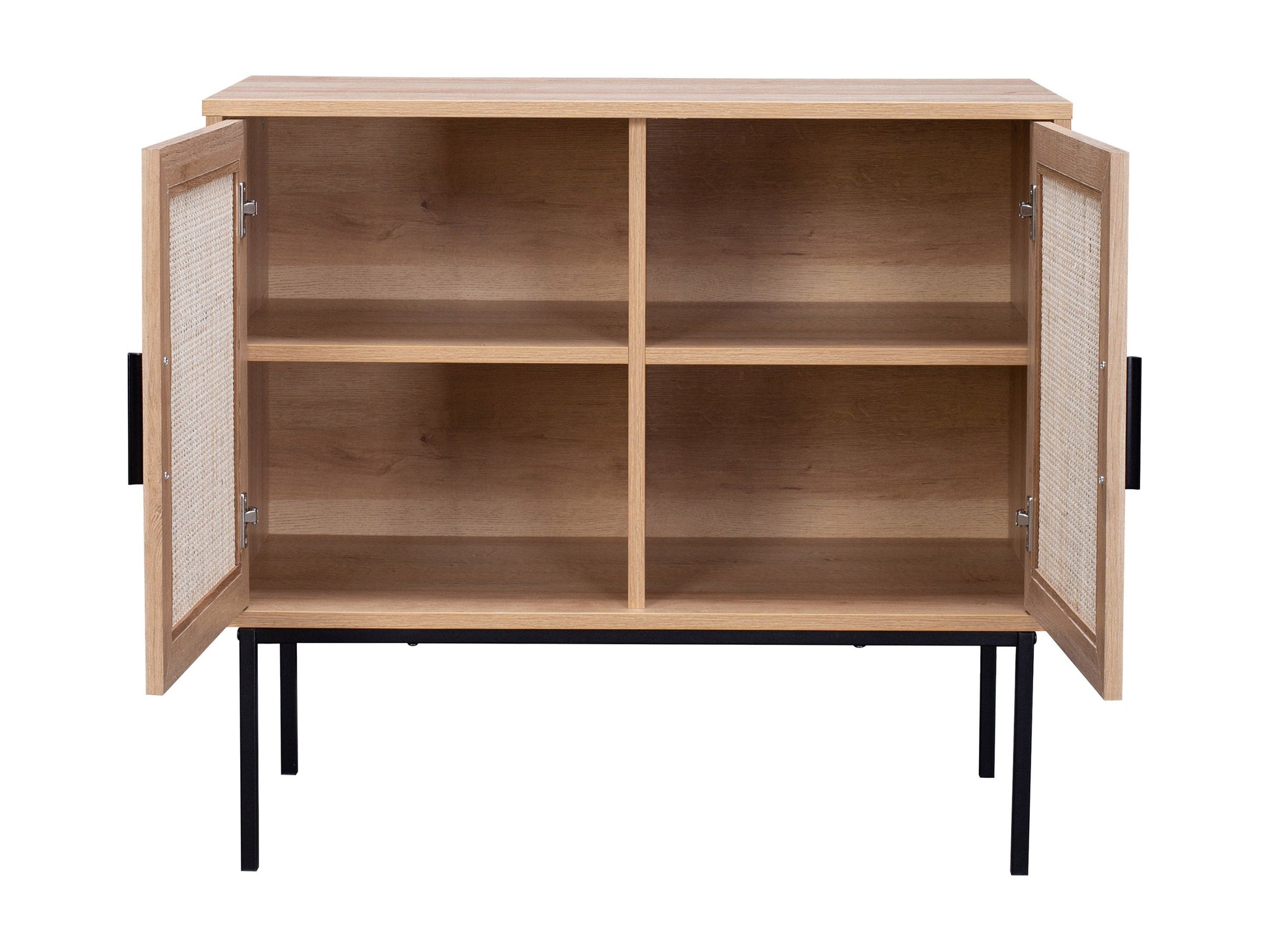 Light wood accent dining cabinet with sleek design, featuring spacious storage and elegant metal handles.
