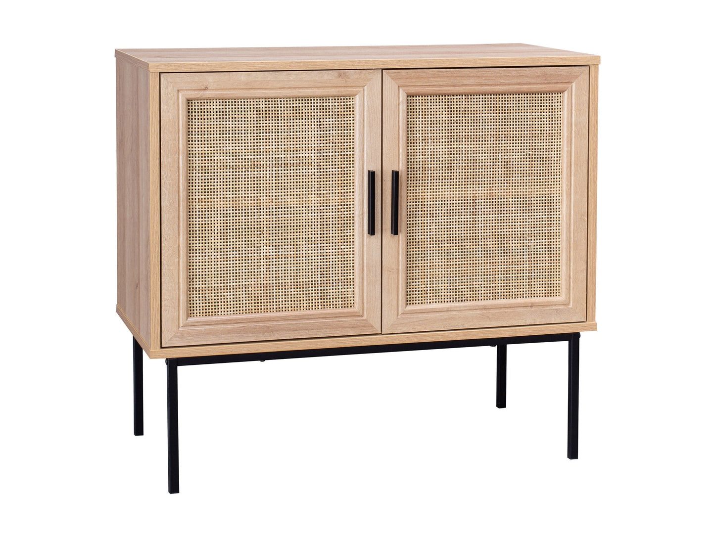 Light wood accent dining cabinet with sleek black metal legs and minimalist design.