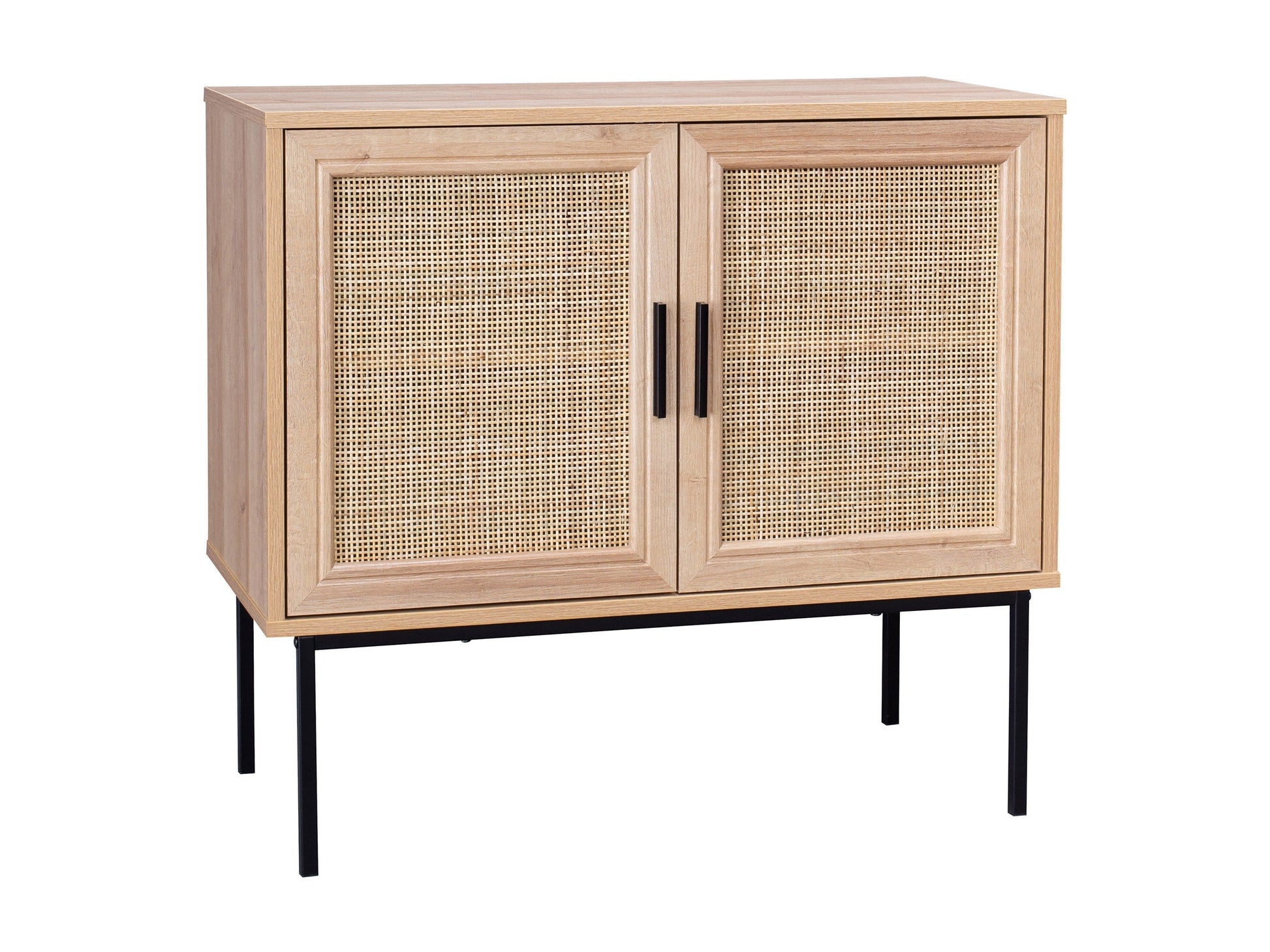 Light wood accent dining cabinet with sleek black metal legs and minimalist design.