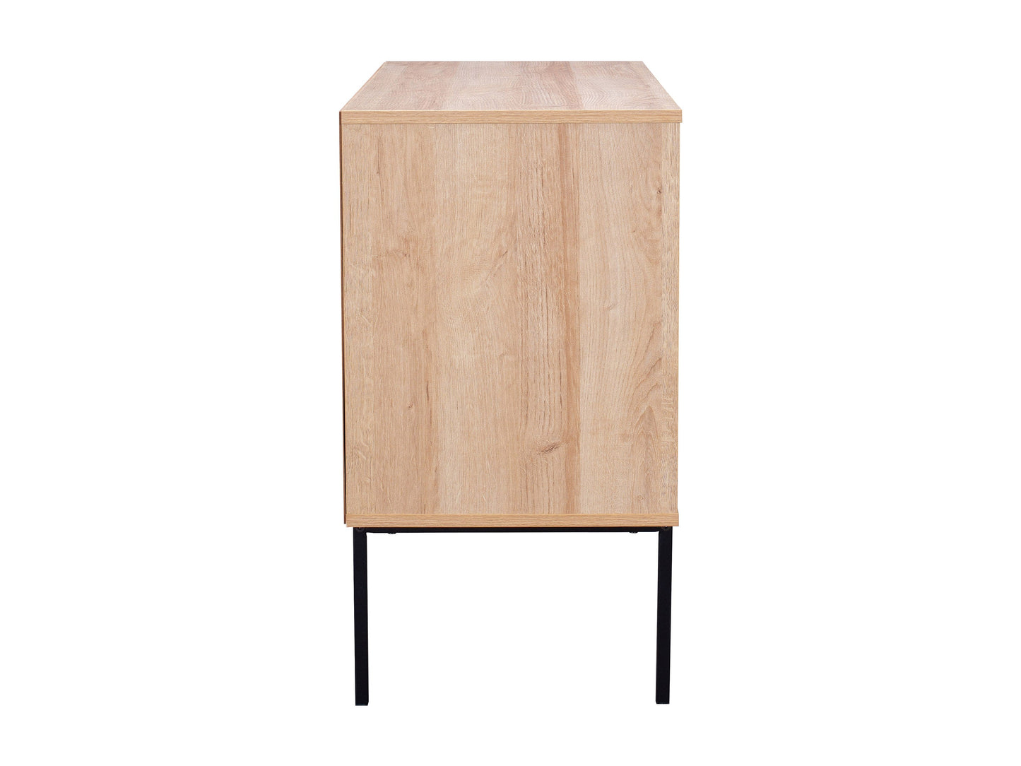 Light wood accent dining cabinet with sleek black metal legs and minimalist design.