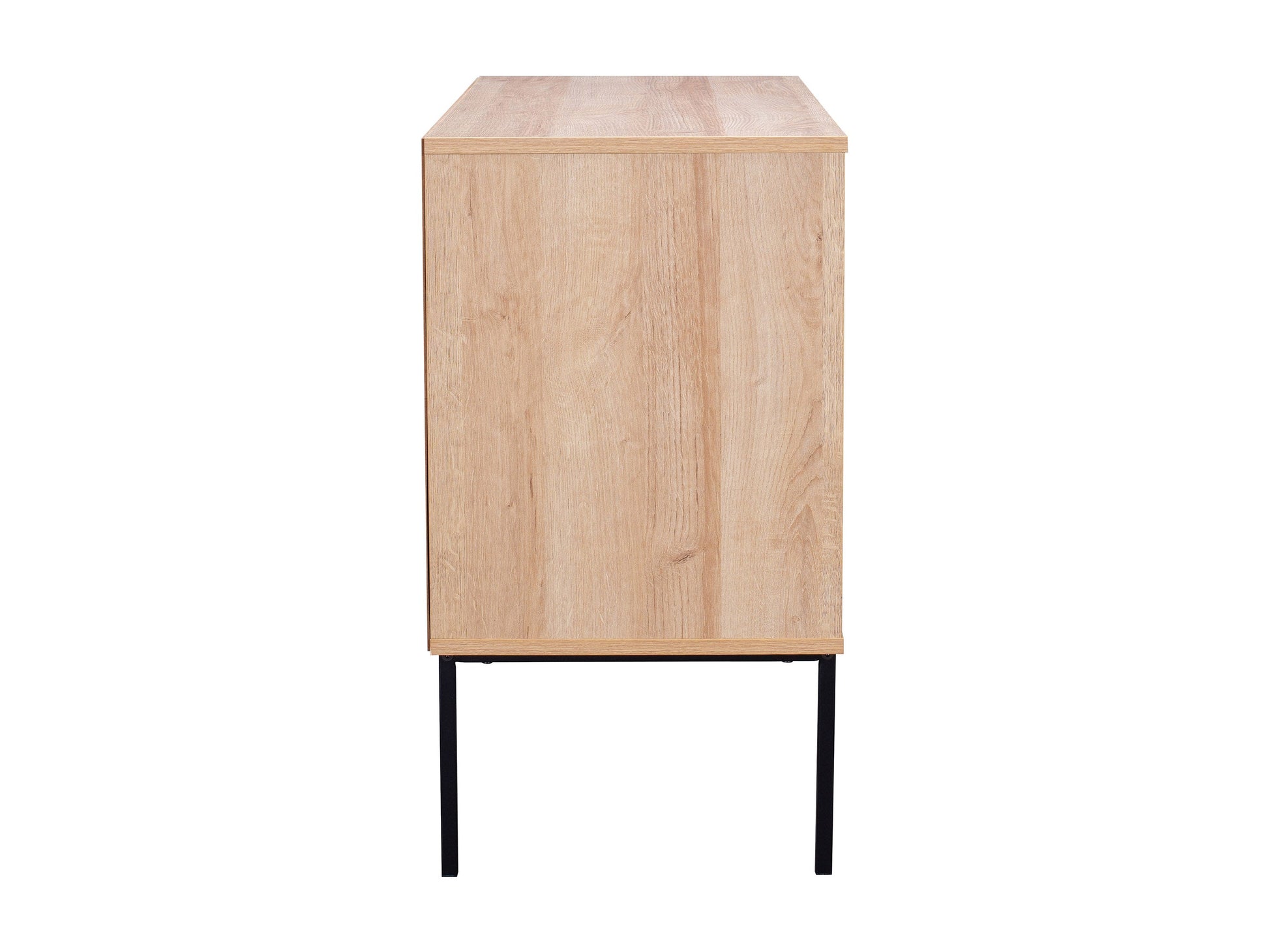 Light wood accent dining cabinet with sleek black metal legs and minimalist design.