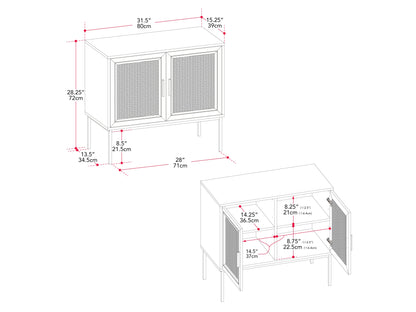 Black accent dining cabinet with glass doors, wooden shelves, and sleek metal handles for modern home decor.