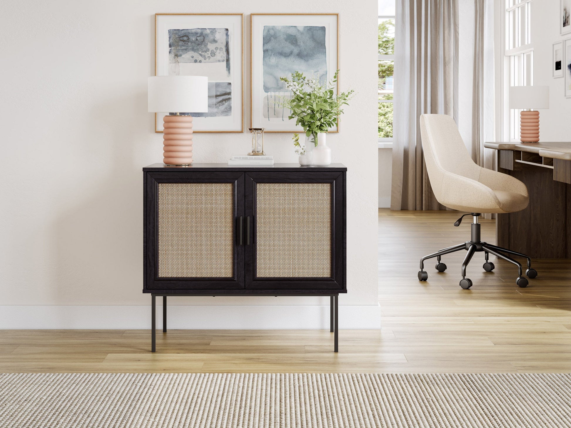Black dining cabinet with gold accents, featuring sleek lines, ample storage, and a modern minimalist design.