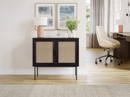 Black dining cabinet with gold accents, featuring sleek lines, ample storage, and a modern minimalist design.