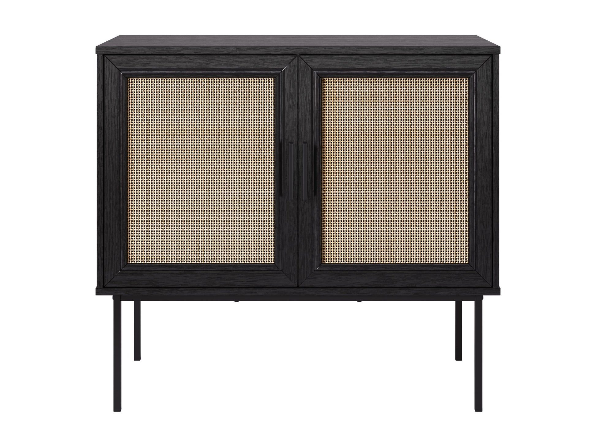 Black accent dining cabinet with sleek design, featuring gold handles and ample storage space.