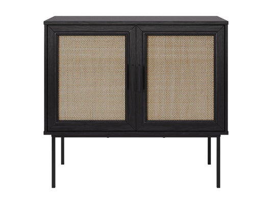 Black accent dining cabinet with sleek design, featuring gold handles and ample storage space.