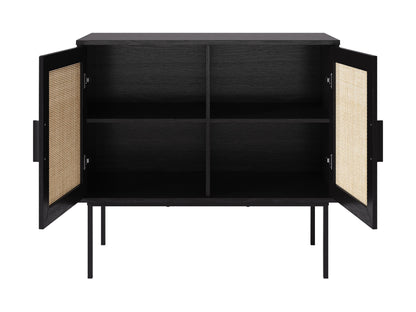 Black accent dining cabinet with sleek design, gold handles, and ample storage space.