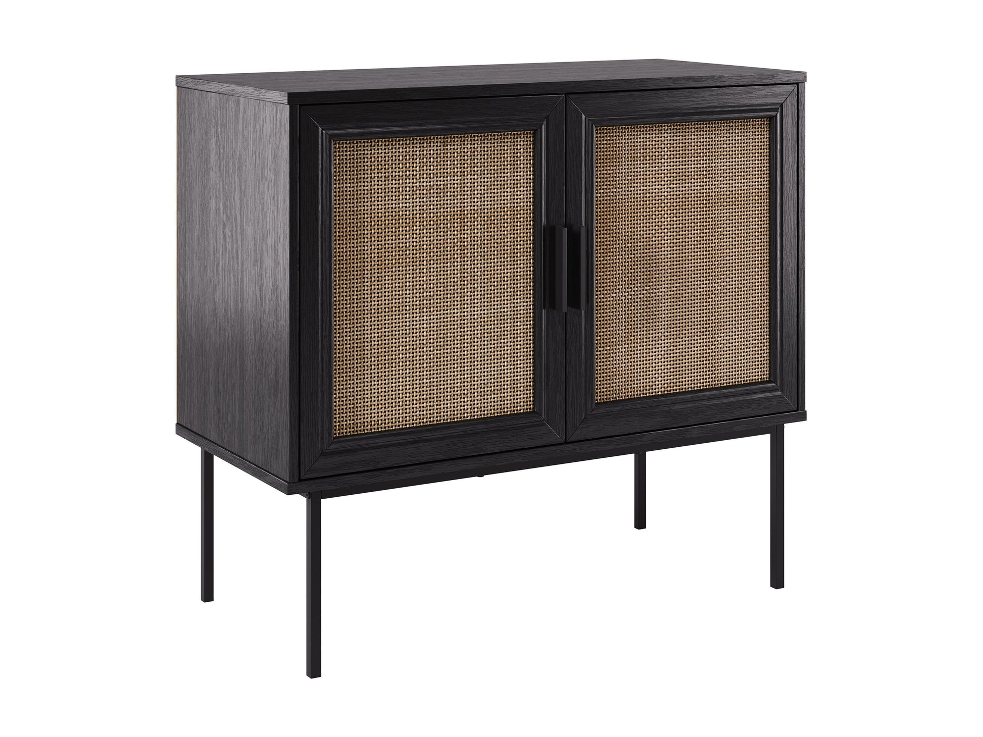 Black accent dining cabinet with sleek metal legs, two doors, and a minimalist design for modern interiors.