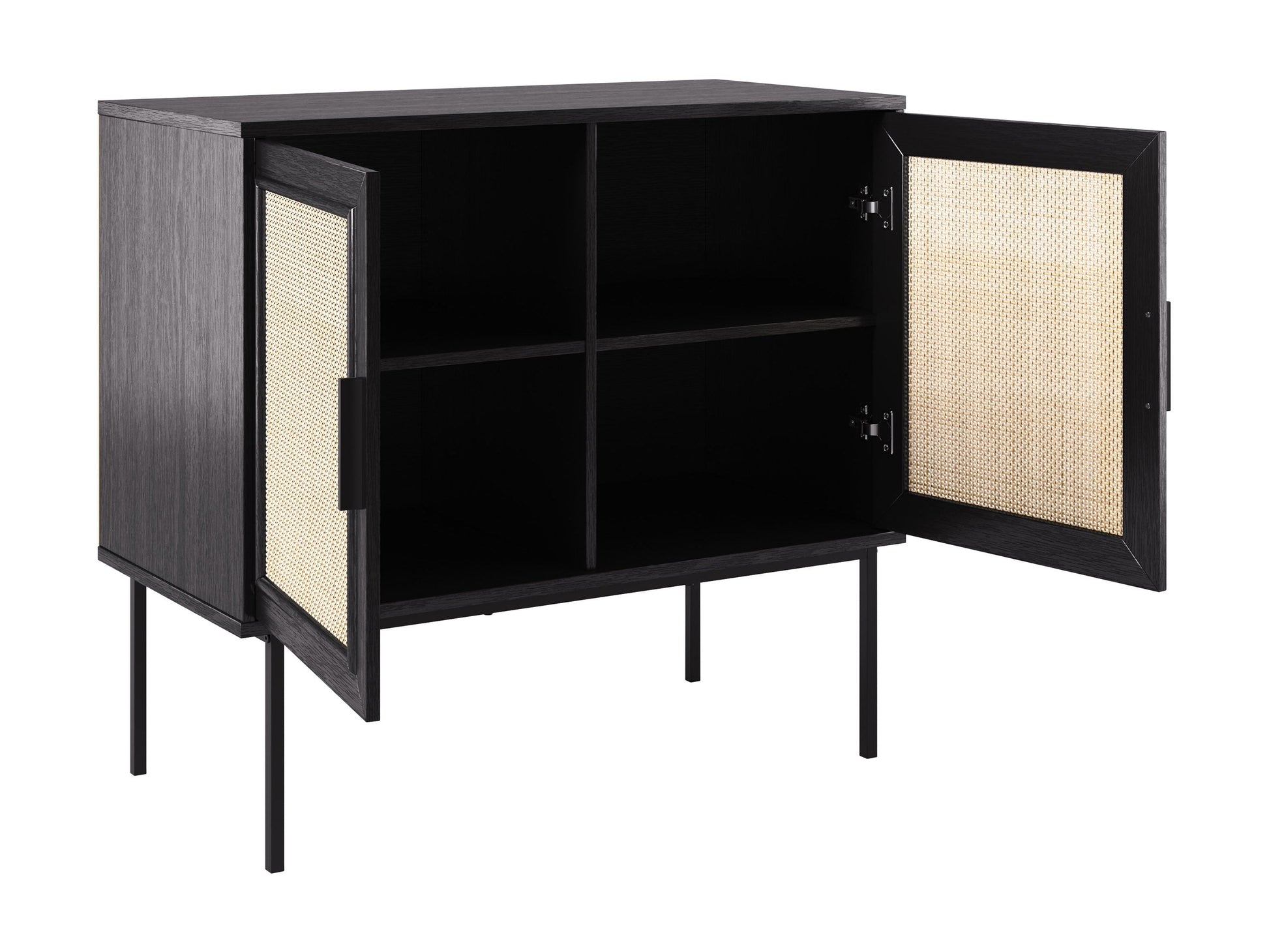 Black accent dining cabinet with geometric design, gold handles, and ample storage space.