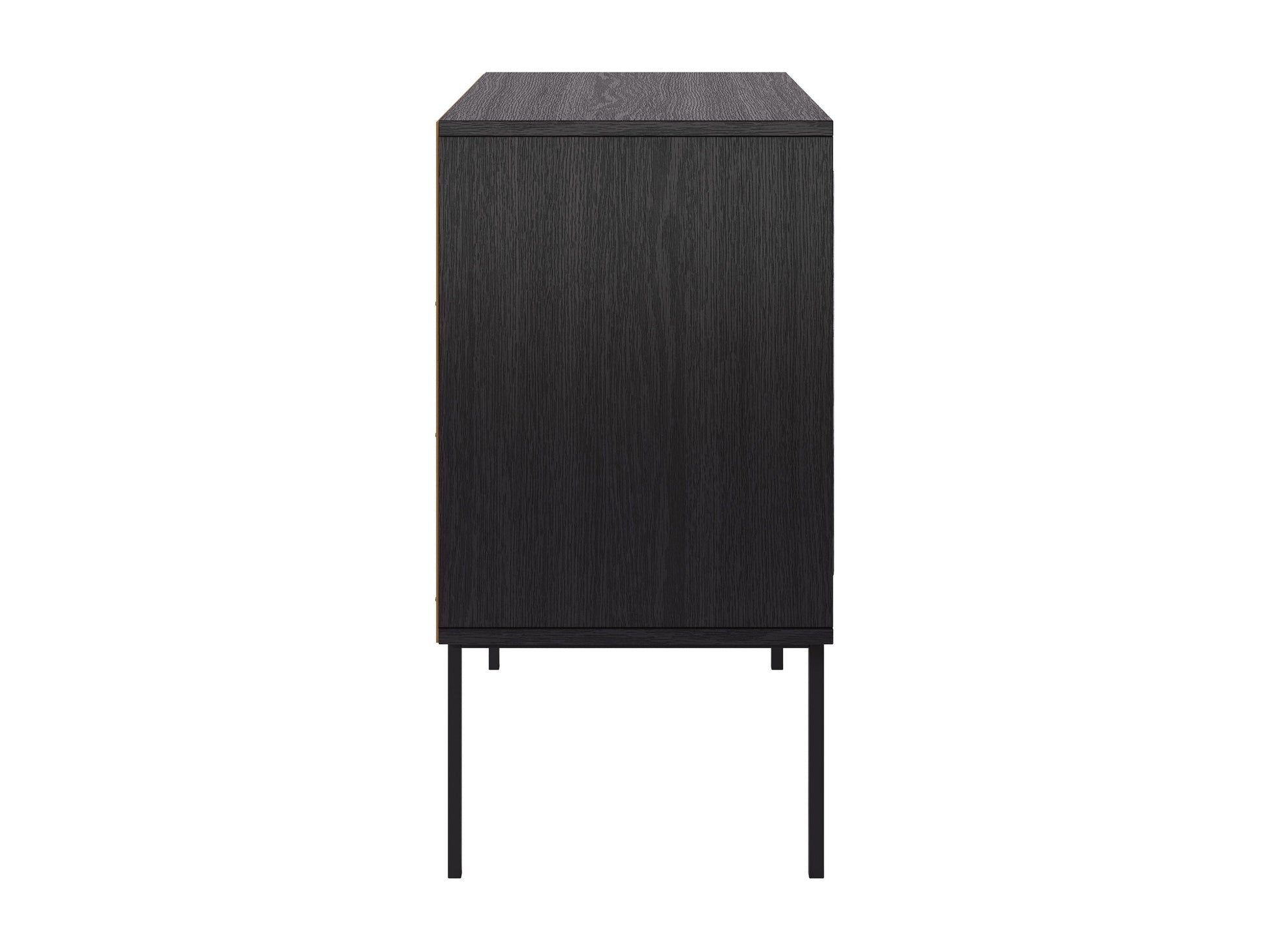 Black accent dining cabinet with gold handles, sleek design, and ample storage space.