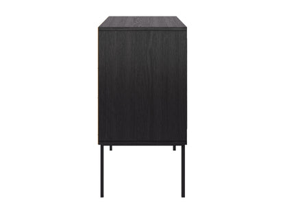 Black accent dining cabinet with gold handles, sleek design, and ample storage space.