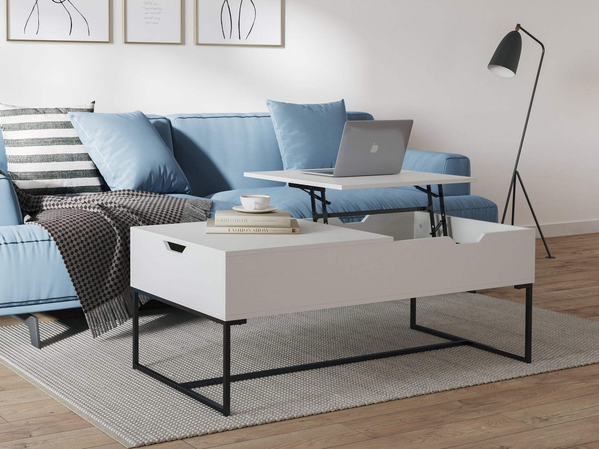 White lift top coffee table with hidden storage, wood construction, and sleek modern design, paired with a cozy beige rug and minimalist decor in a bright living room setting.
